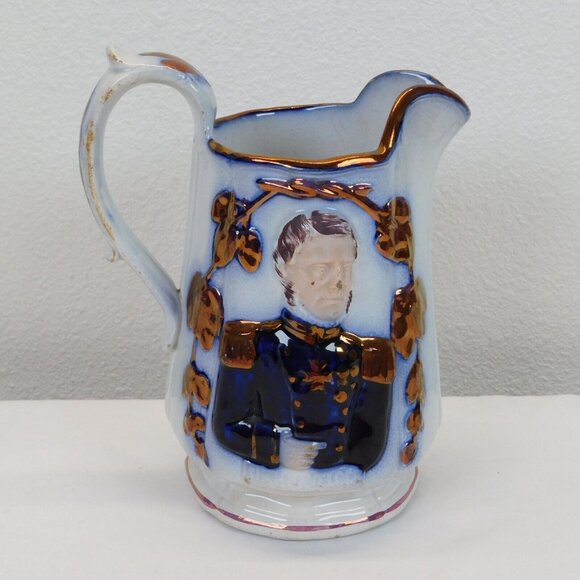 Antique Flow Blue Ceramic Copper Luster Commemorative Jug Cambell Havelock FLAW - Picture 3 of 14